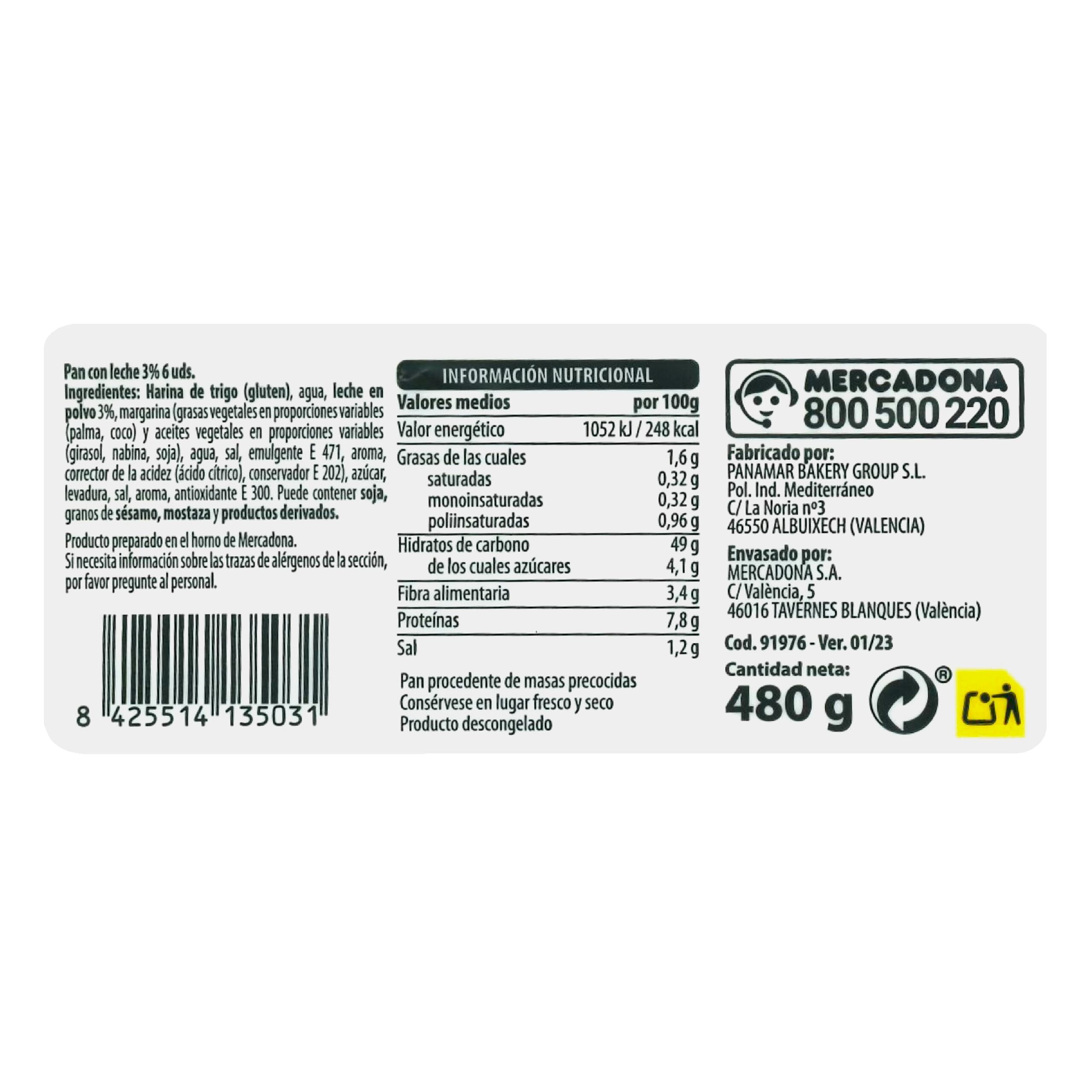 Etiqueta 6 Panes de leche 3%